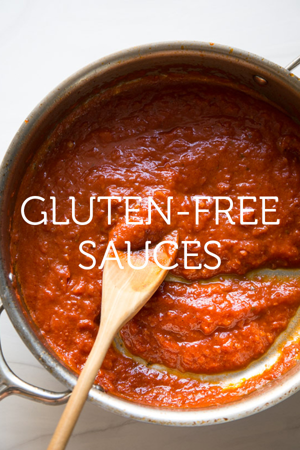 Pan of gluten-free tomato sauce with "Gluten-Free Sauces" text overlay