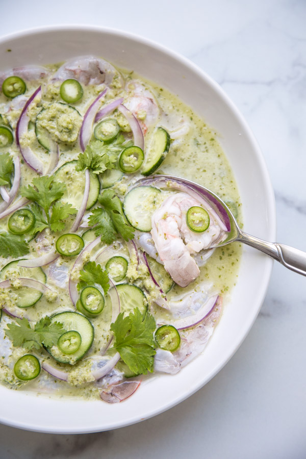 shrimp aguachile in a bowl with jalapeno onion and cilantro
