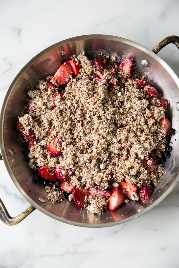 strawberry crisp in a pan