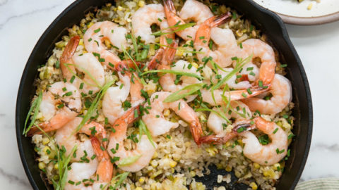 shrimp and rice casserole ina skillet