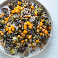 Wild Rice Salad with Butternut Squash, Brussels Sprouts and Ginger-Walnut Dressing