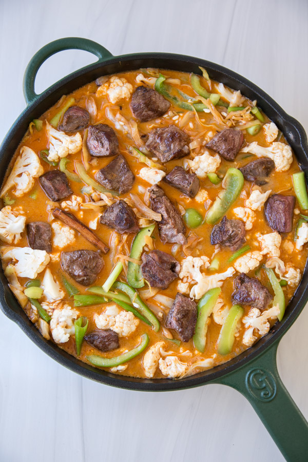 beef and rice casserole in a skillet