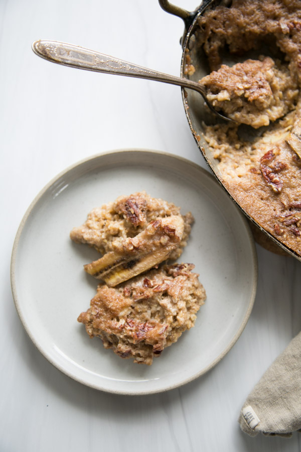 Banana Bread Baked Steel Cut Oatmeal Recipe in a Pan and on a Plate
