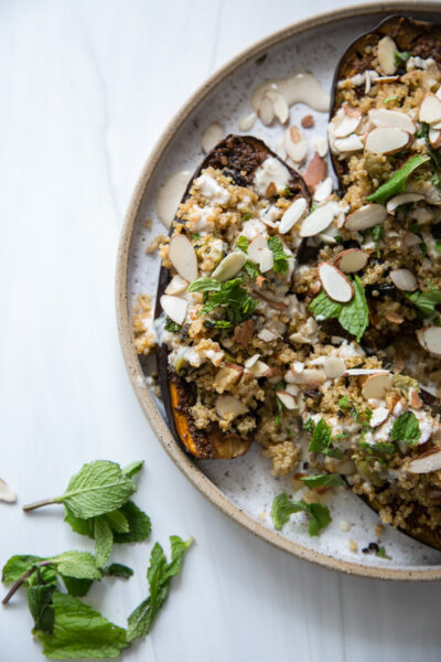Ottolenghi-Style Baked Eggplant Recipe with Quinoa and Tahini (Low FODMAP Optional)