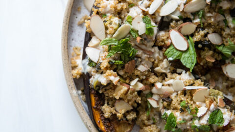 Ottolenghi-Style Baked Eggplant Recipe with Quinoa and Tahini (Low FODMAP Optional)