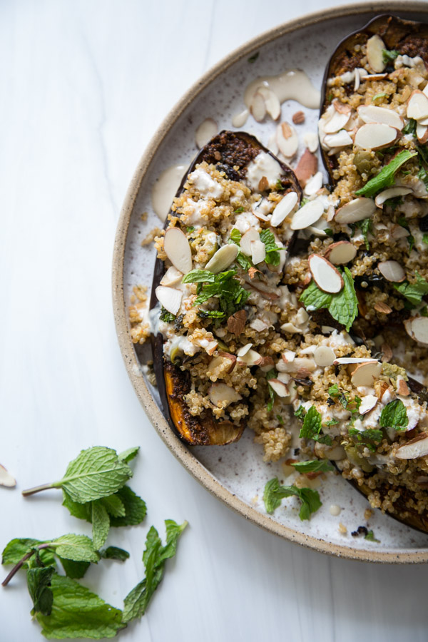 Ottolenghi-Style Baked Eggplant Recipe with Quinoa and Tahini (vegan, vegetarian, Low FODMAP Optional)