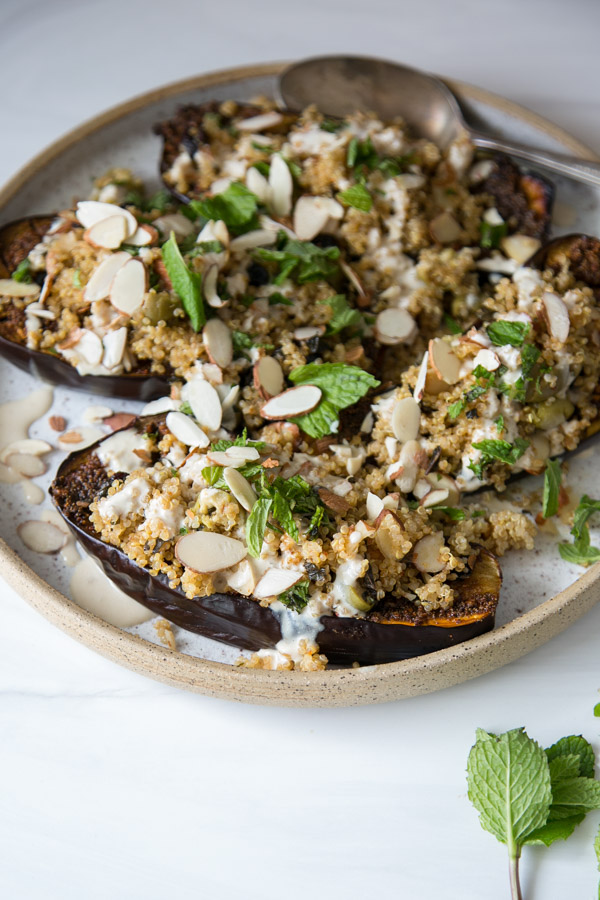 Ottolenghi-Style Baked Eggplant Recipe with Quinoa and Tahini (vegan, vegetarian, Low FODMAP Optional)