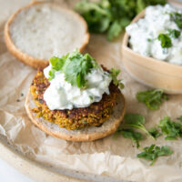 Curried Red Lentil Burgers with Quinoa and Mint Raita (Gluten-Free)