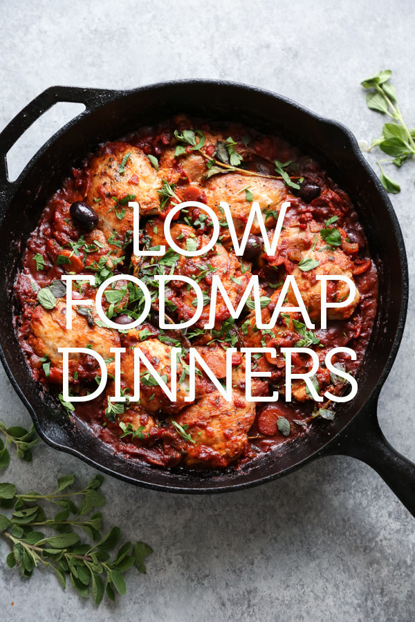 low fodmap chicken cacciatore in a skillet with text overlay low fodmap dinners