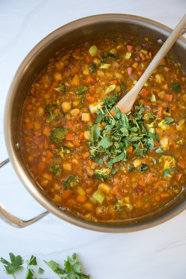 Moroccan Harira Soup in a Pot - Gluten-Free, Vegan, Vegetarian Healthy Detox Stew with Red Lentils and Chickpeas