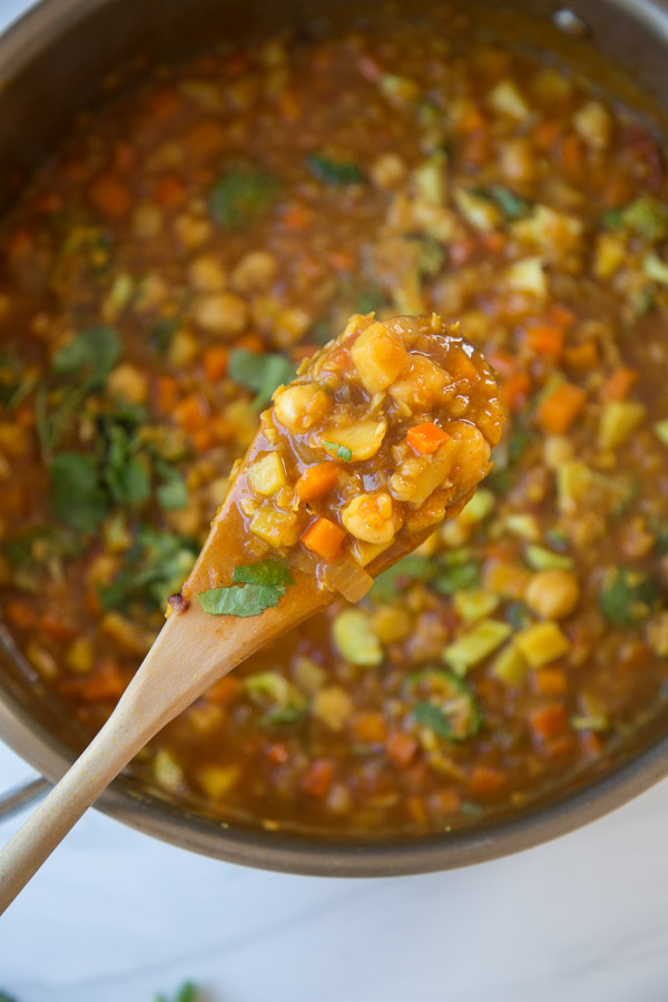 Moroccan Harira Soup in a Pot - Gluten-Free, Vegan, Vegetarian Healthy Detox Stew with Red Lentils and Chickpeas