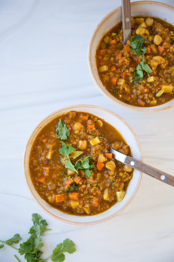 Moroccan Harira Soup in a Bowl - Gluten-Free, Vegan, Vegetarian Healthy Detox Stew with Red Lentils and Chickpeas