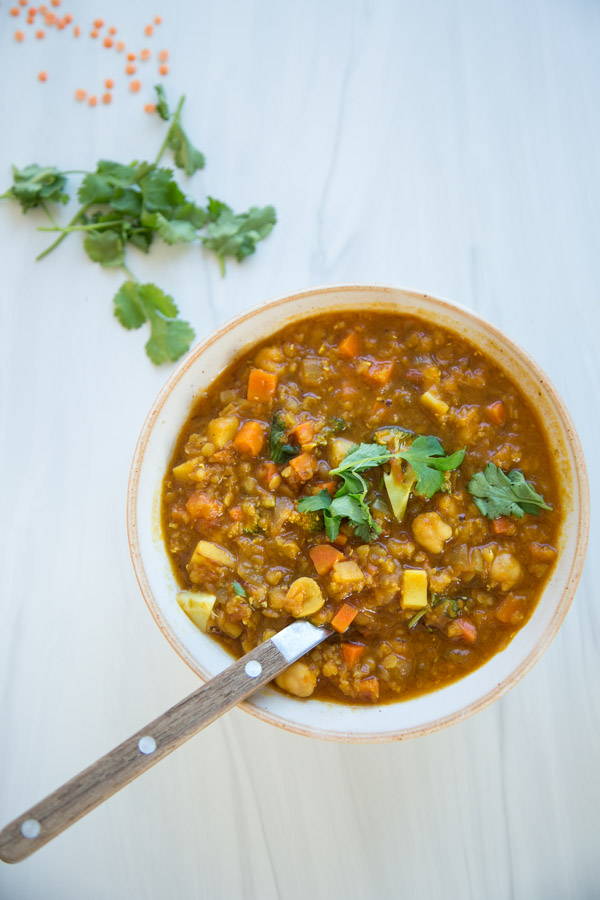 Moroccan Harira Soup in a Bowl - Gluten-Free, Vegan, Vegetarian Healthy Detox Stew with Red Lentils and Chickpeas