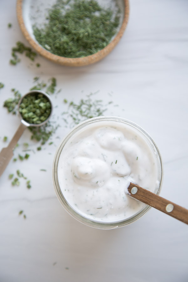 Dairy-Free Ranch Dressing in a mason jar with spoon