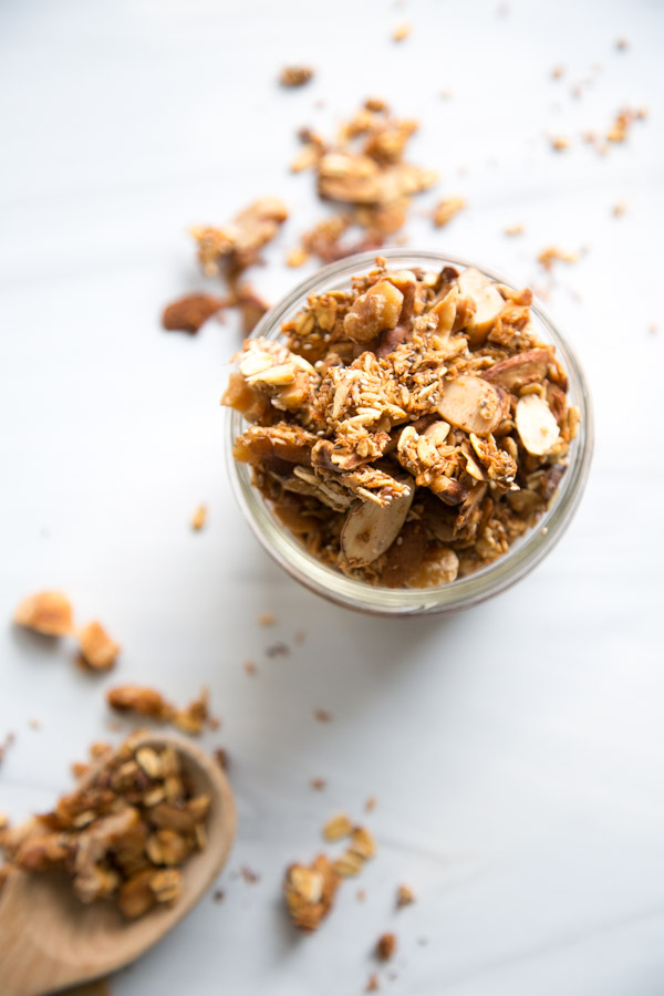 sugar-free granola clusters in a jar with a spoon