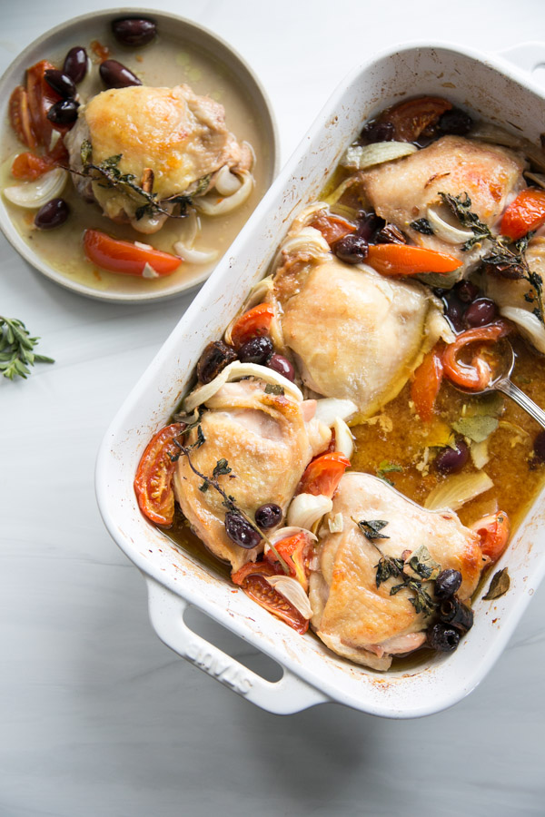 Baked One-Pan Provencal Chicken Thighs in a casserole dish for passover