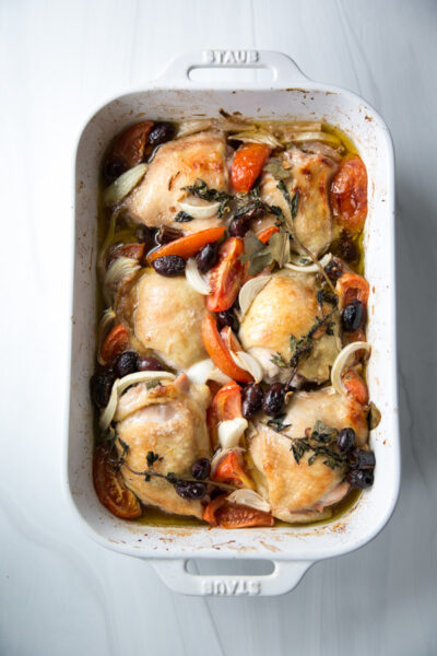 baked provencal chicken in a casserole dish