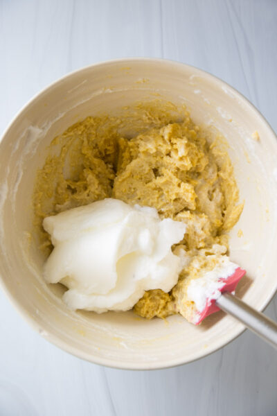 beaten egg whites added to the gluten-free dairy-free cake batter