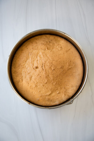 finished olive oil lemon cake in a pan
