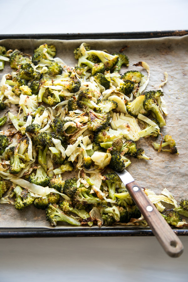 low fodmap broccoli and cabbage on a sheet pan