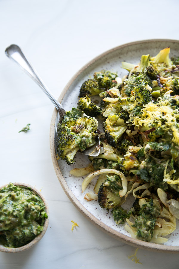Low fodmap roasted broccoli and cabbage on a plate