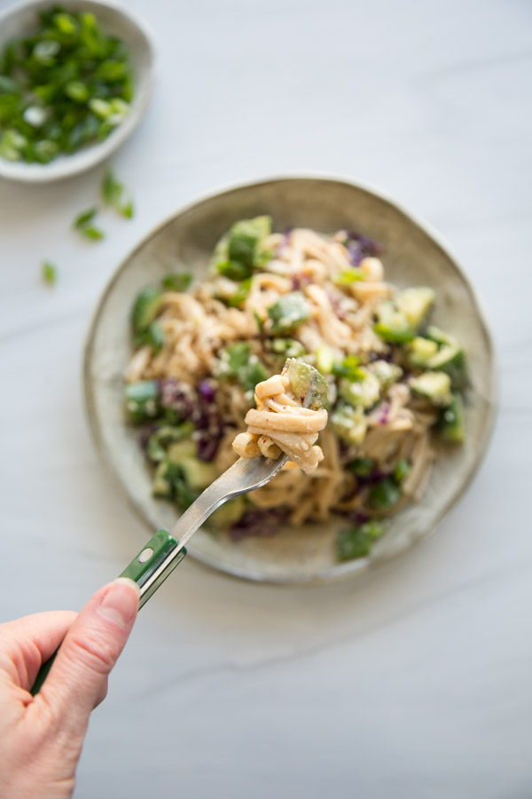 Asian style cold sesame noodle salad on a fork