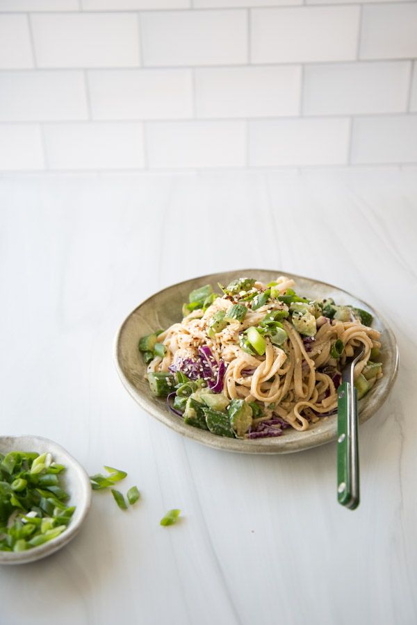 Gluten-free cold sesame noodle salad on a plate