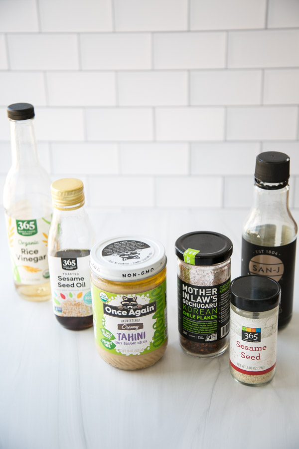 Ingredients for gluten free tahini dressing for asian pasta salad on counter