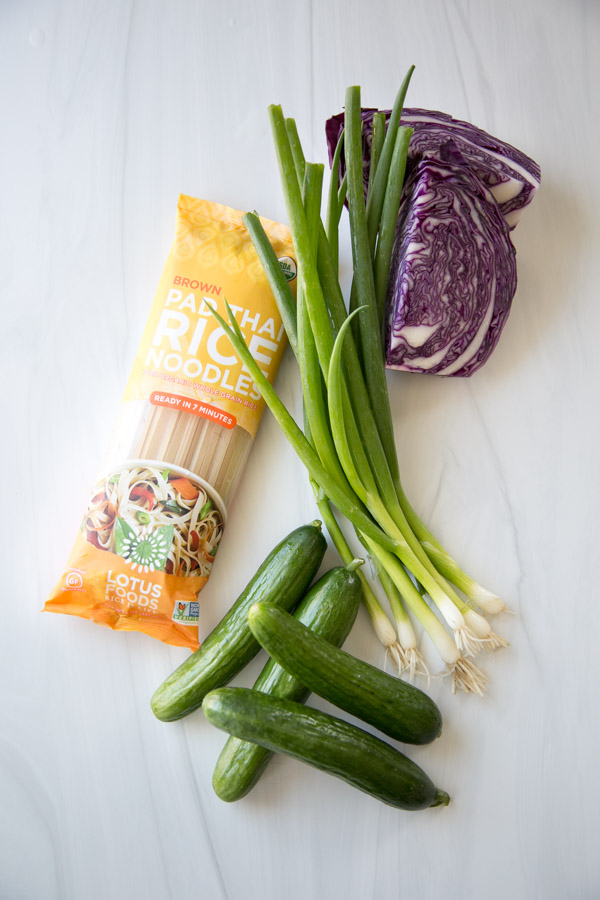 Ingredients for cold sesame noodle salad on the counter